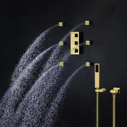 FontanaShowers Creative Luxury Gold Recessed Ceiling Mounted Color Changing Water Powered LED Shower System With Adjustable 6-Jet Body Sprays and Hand Shower