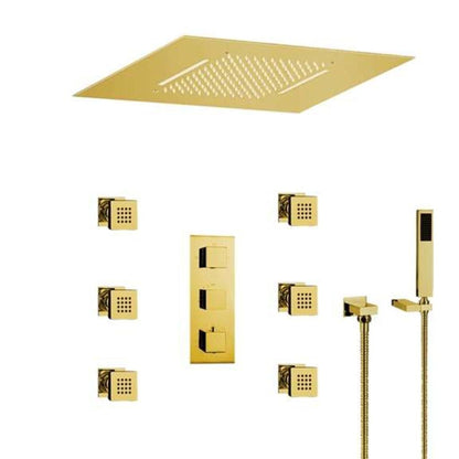 FontanaShowers Creative Luxury Gold Recessed Ceiling Mounted Color Changing Water Powered LED Shower System With Adjustable 6-Jet Body Sprays and Hand Shower