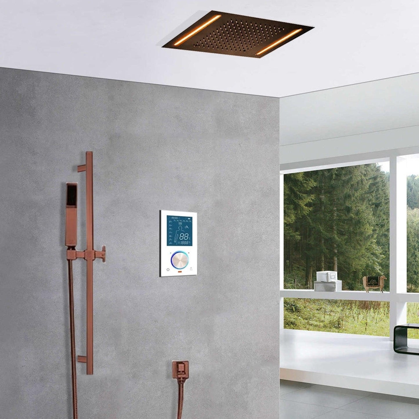 FontanaShowers Creative Luxury Light Oil Rubbed Bronze Rectangular Ceiling Mounted Rainfall Shower System With Bravat LED Touch Control and Hand Shower