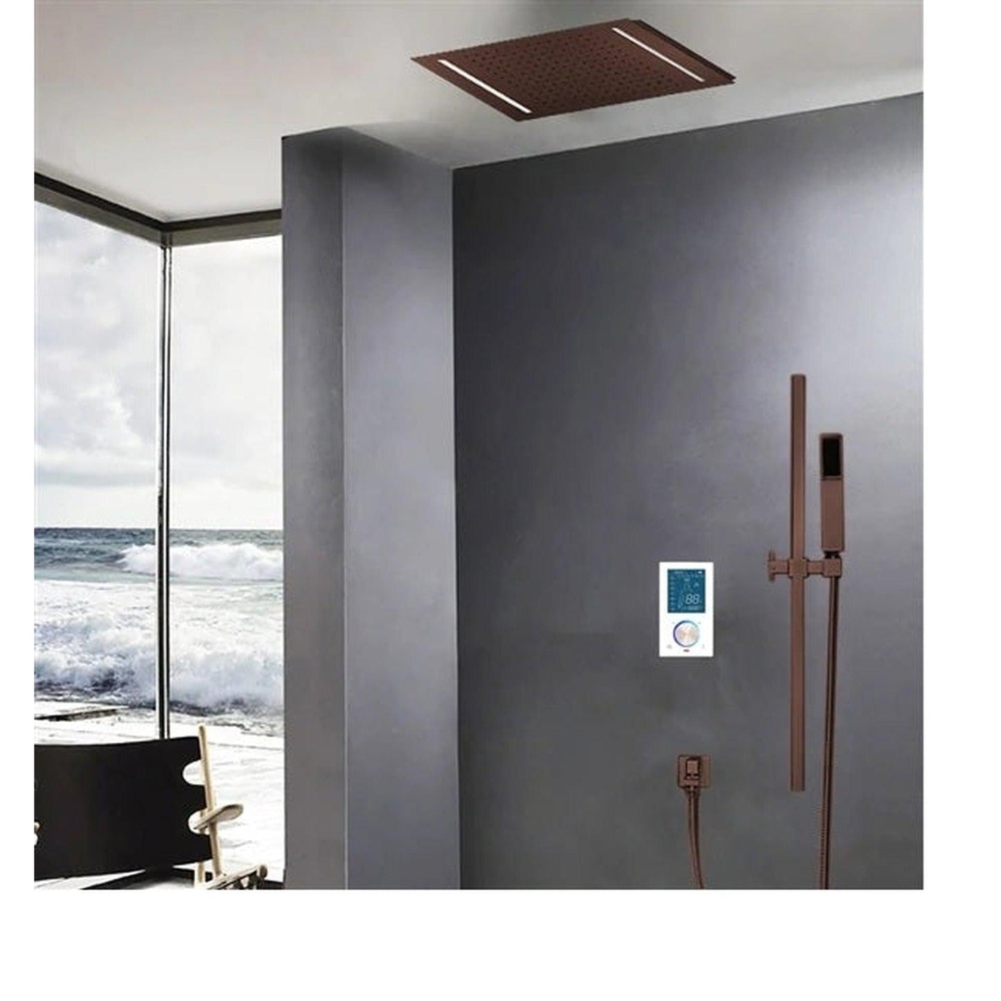 FontanaShowers Creative Luxury Light Oil Rubbed Bronze Rectangular Ceiling Mounted Rainfall Shower System With Bravat LED Touch Control and Hand Shower