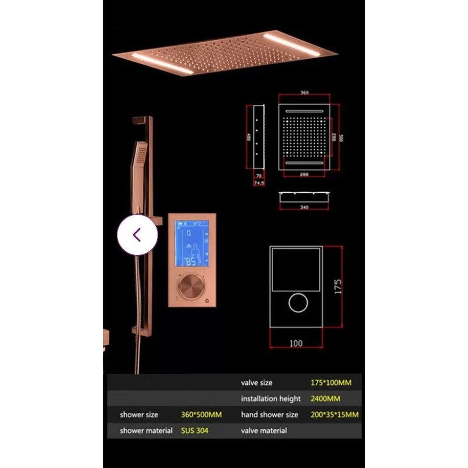 FontanaShowers Creative Luxury Light Oil Rubbed Bronze Rectangular Ceiling Mounted Rainfall Shower System With Bravat LED Touch Control and Hand Shower