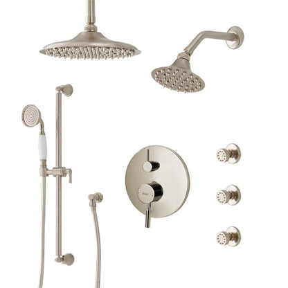 FontanaShowers Deluxe Designers 10" Brushed Nickel Round Dual Shower Head Rainfall Shower System With 3-Jet Body Sprays and Hand Shower