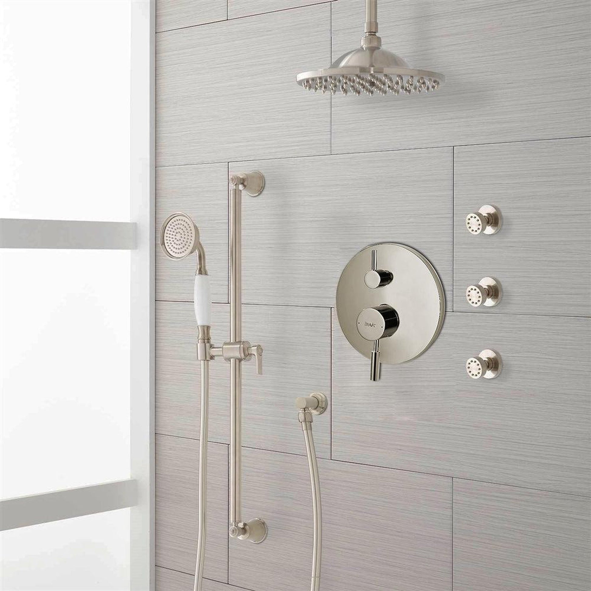 FontanaShowers Deluxe Designers 10" Brushed Nickel Round Dual Shower Head Rainfall Shower System With 3-Jet Body Sprays and Hand Shower