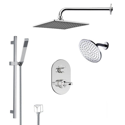 FontanaShowers Deluxe Designers 10" Chrome Wall-Mounted Square & Big Round Dual Shower Head Rainfall Shower System With Slide Bar and Hand Shower