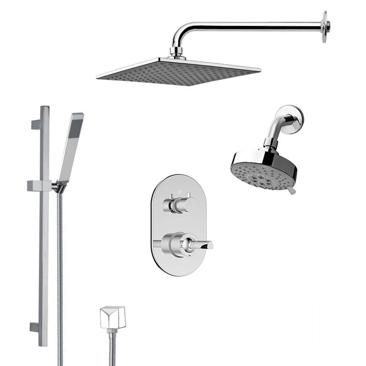 FontanaShowers Deluxe Designers 10" Chrome Wall-Mounted Square & Small Round Dual Shower Head Rainfall Shower System With Slide Bar and Hand Shower
