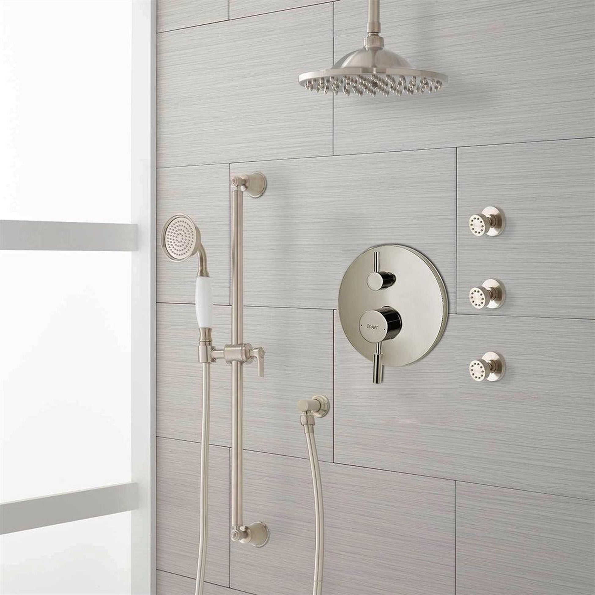 FontanaShowers Deluxe Designers 12" Brushed Nickel Round Dual Shower Head Rainfall Shower System With 3-Jet Body Sprays and Hand Shower