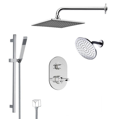 FontanaShowers Deluxe Designers 12" Chrome Wall-Mounted Square & Big Round Dual Shower Head Rainfall Shower System With Slide Bar and Hand Shower