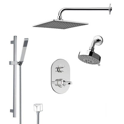 FontanaShowers Deluxe Designers 12" Chrome Wall-Mounted Square & Small Round Dual Shower Head Rainfall Shower System With Slide Bar and Hand Shower