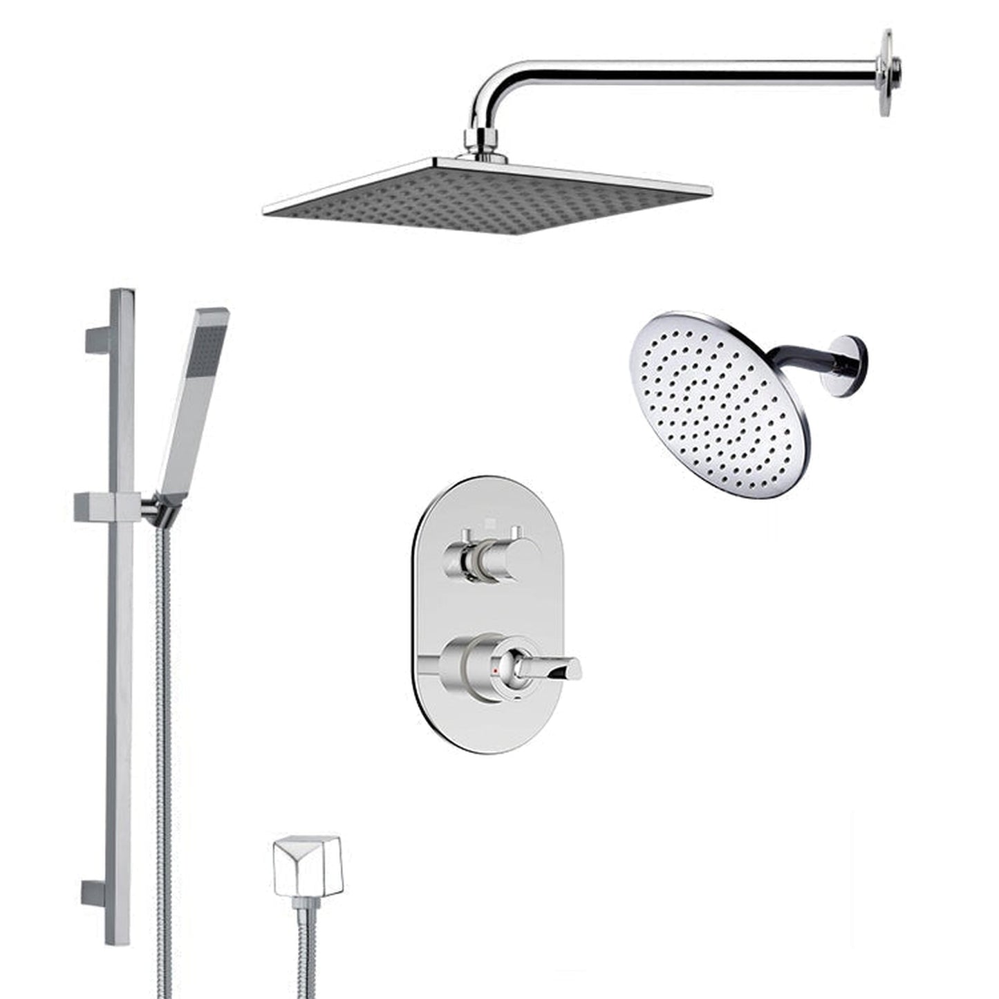 FontanaShowers Deluxe Designers 16" Chrome Square & Big Round Dual Shower Head Rainfall Shower System With Slide Bar and Hand Shower
