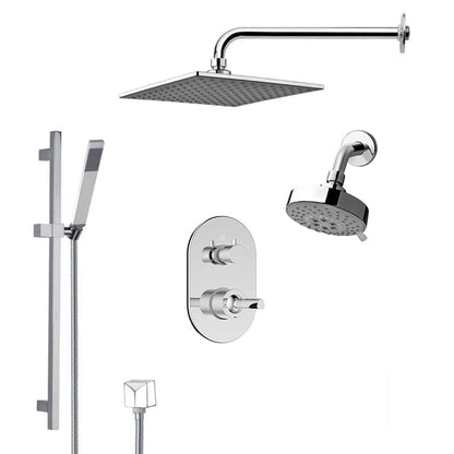 FontanaShowers Deluxe Designers 16" Chrome Wall-Mounted Square & Small Round Dual Shower Head Rainfall Shower System With Slide Bar and Hand Shower