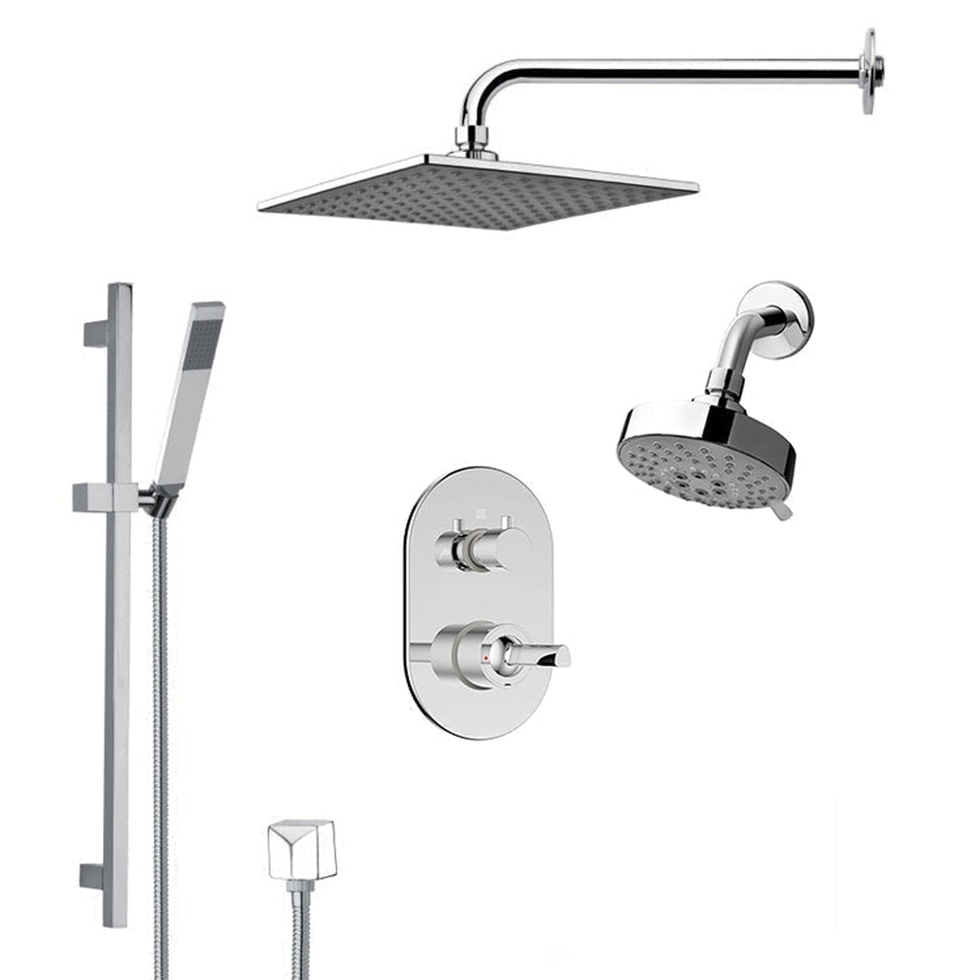 FontanaShowers Deluxe Designers 24" Chrome Wall-Mounted Square & Small Round Dual Shower Head Rainfall Shower System With Slide Bar and Hand Shower