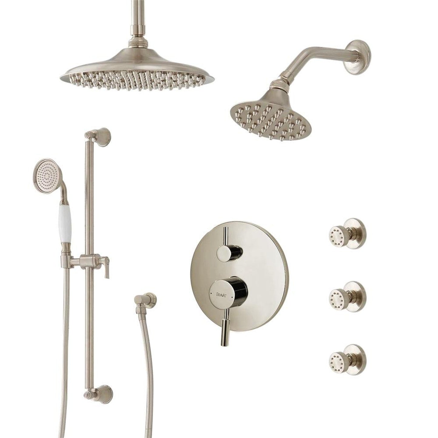 FontanaShowers Deluxe Designers 8" Brushed Nickel Round Dual Shower Head Rainfall Shower System With 3-Jet Body Sprays and Hand Shower