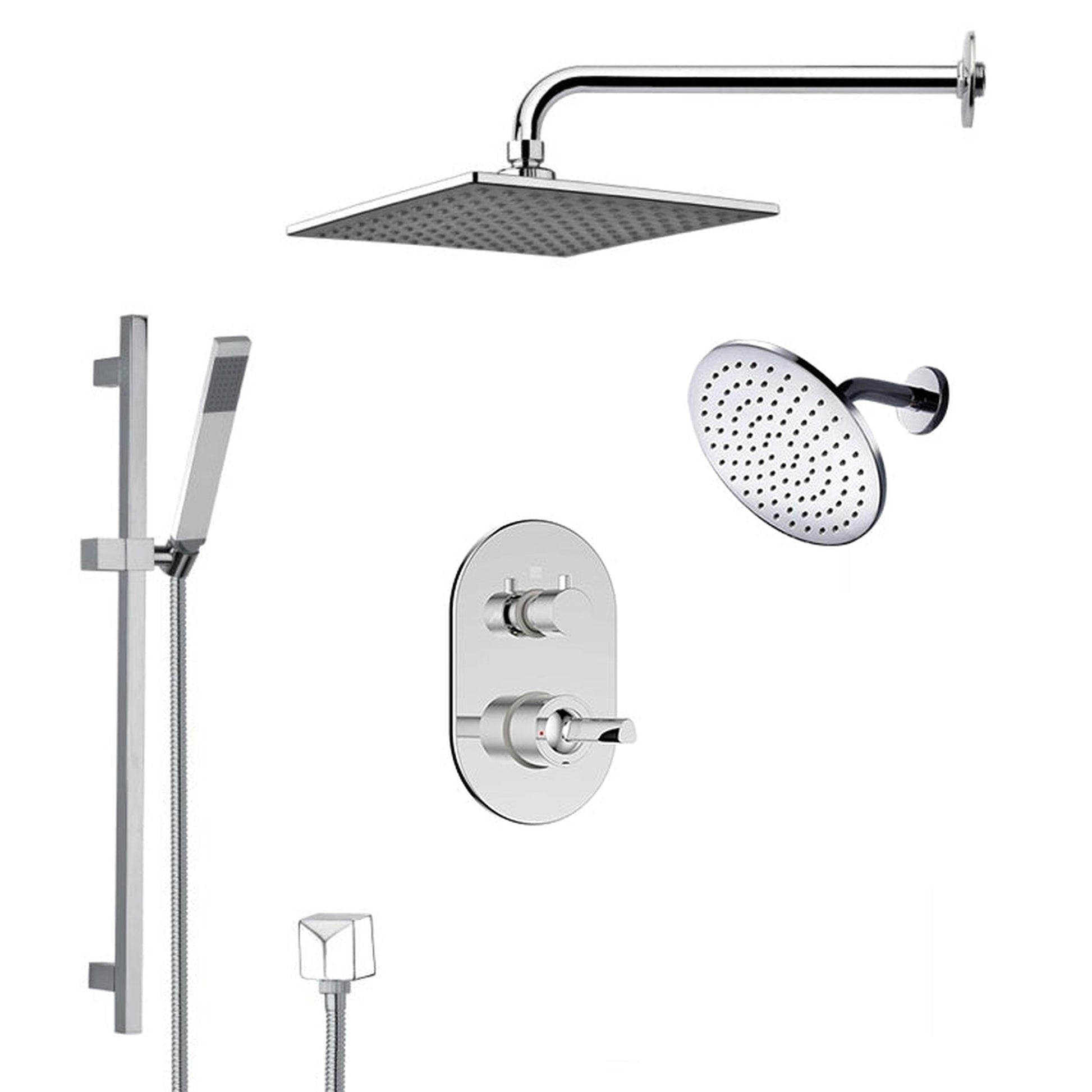 FontanaShowers Deluxe Designers 8" Chrome Wall-Mounted Square & Big Round Dual Shower Head Rainfall Shower System With Slide Bar and Hand Shower