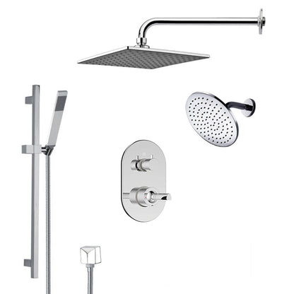 FontanaShowers Deluxe Designers 8" Chrome Wall-Mounted Square & Big Round Dual Shower Head Rainfall Shower System With Slide Bar and Hand Shower