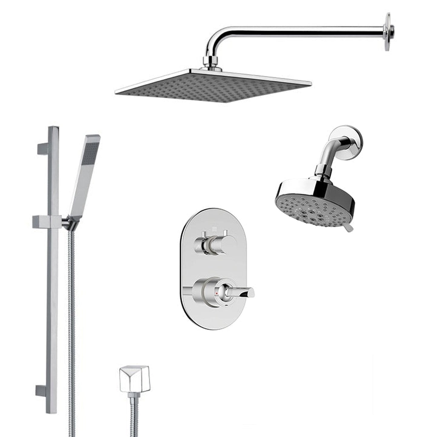 FontanaShowers Deluxe Designers 8" Chrome Wall-Mounted Square & Small Round Dual Shower Head Rainfall Shower System With Slide Bar and Hand Shower