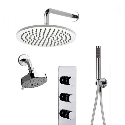 FontanaShowers Designers Creative Luxury 10" Chrome Round Wall-Mounted Dual Shower Head Rainfall Shower System With Hand Shower and Triple Handle Mixer