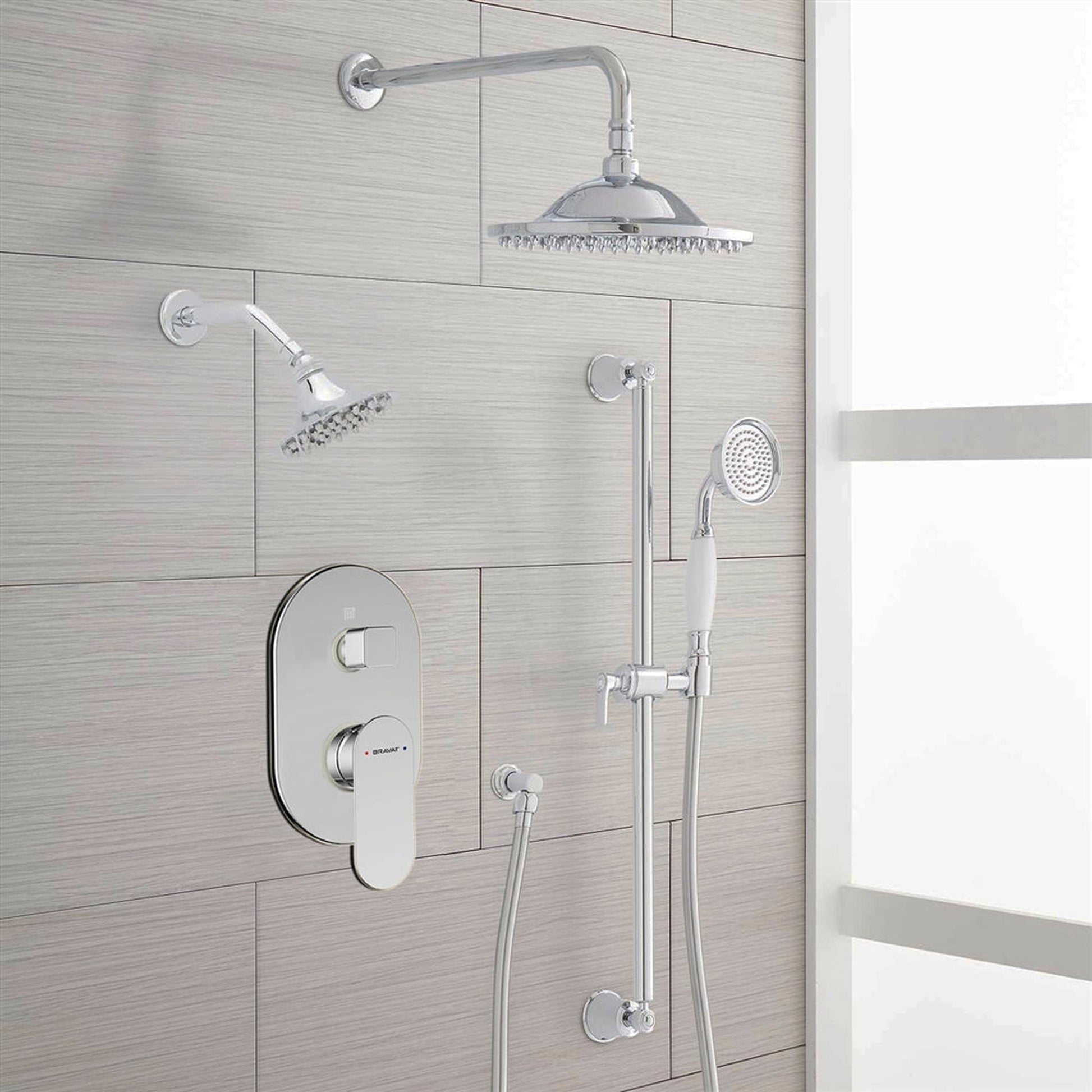 FontanaShowers Designers Creative Luxury 12" Chrome Round Wall-Mounted Dual Shower Head Rainfall Shower System With Hand Shower and Triple Handle Mixer Lever & Knob