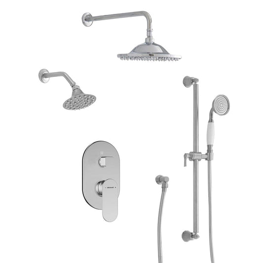 FontanaShowers Designers Creative Luxury 12" Chrome Round Wall-Mounted Dual Shower Head Rainfall Shower System With Hand Shower and Triple Handle Mixer Lever & Knob