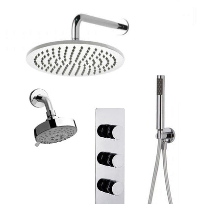 FontanaShowers Designers Creative Luxury 12" Chrome Round Wall-Mounted Dual Shower Head Rainfall Shower System With Hand Shower and Triple Handle Mixer