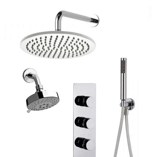 FontanaShowers Designers Creative Luxury 16" Chrome Round Wall-Mounted Dual Shower Head Rainfall Shower System With Hand Shower and Triple Handle Mixer