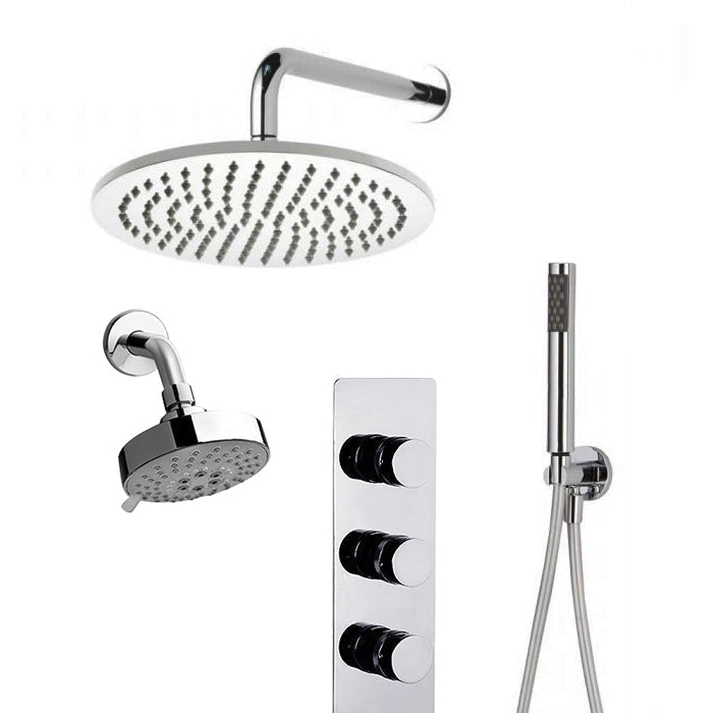 FontanaShowers Designers Creative Luxury 20" Chrome Round Wall-Mounted Dual Shower Head Rainfall Shower System With Hand Shower and Triple Handle Mixer