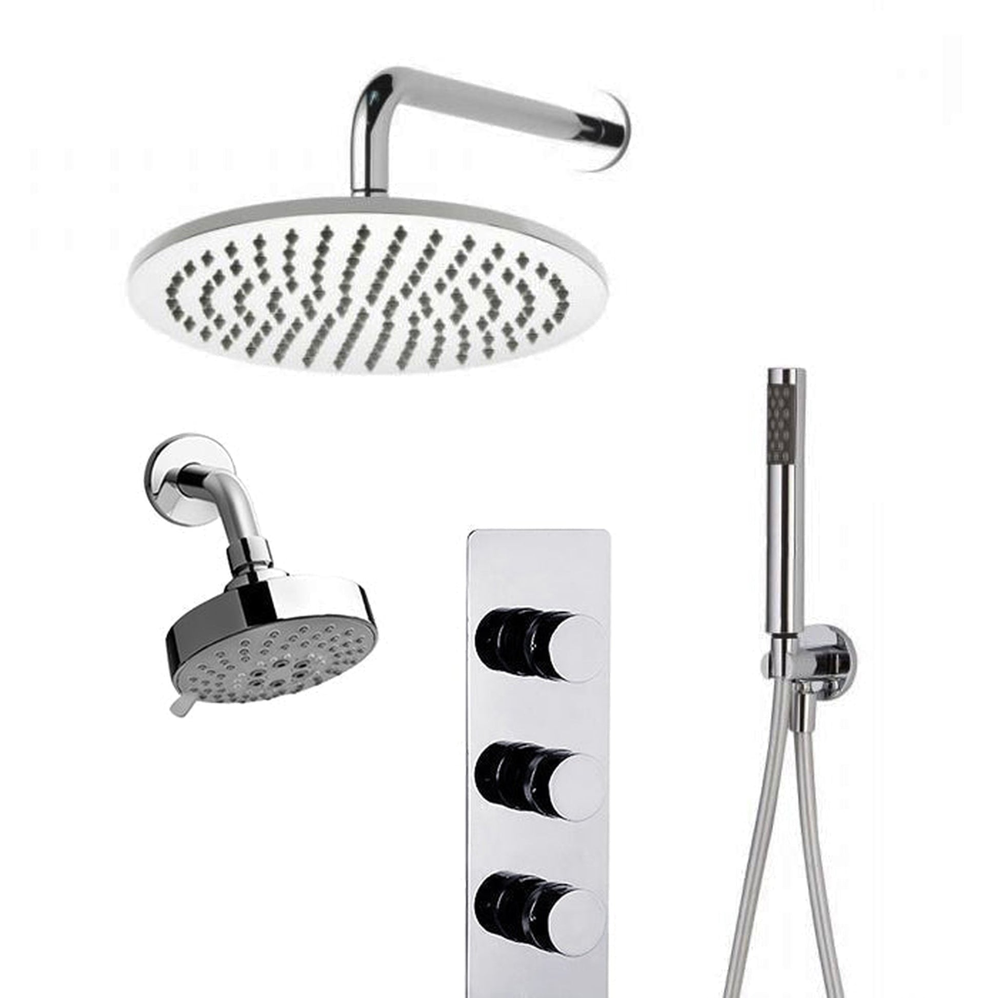 FontanaShowers Designers Creative Luxury 24" Chrome Round Wall-Mounted Dual Shower Head Rainfall Shower System With Hand Shower and Triple Handle Mixer