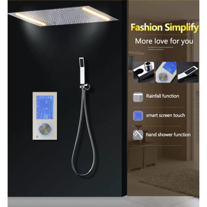 FontanaShowers Emilia Creative Luxury Chrome Ceiling Mounted Posh LED Thermostatic Rainfall Bathroom Shower System With Smart Screen Touch Digital Control and Hand Shower