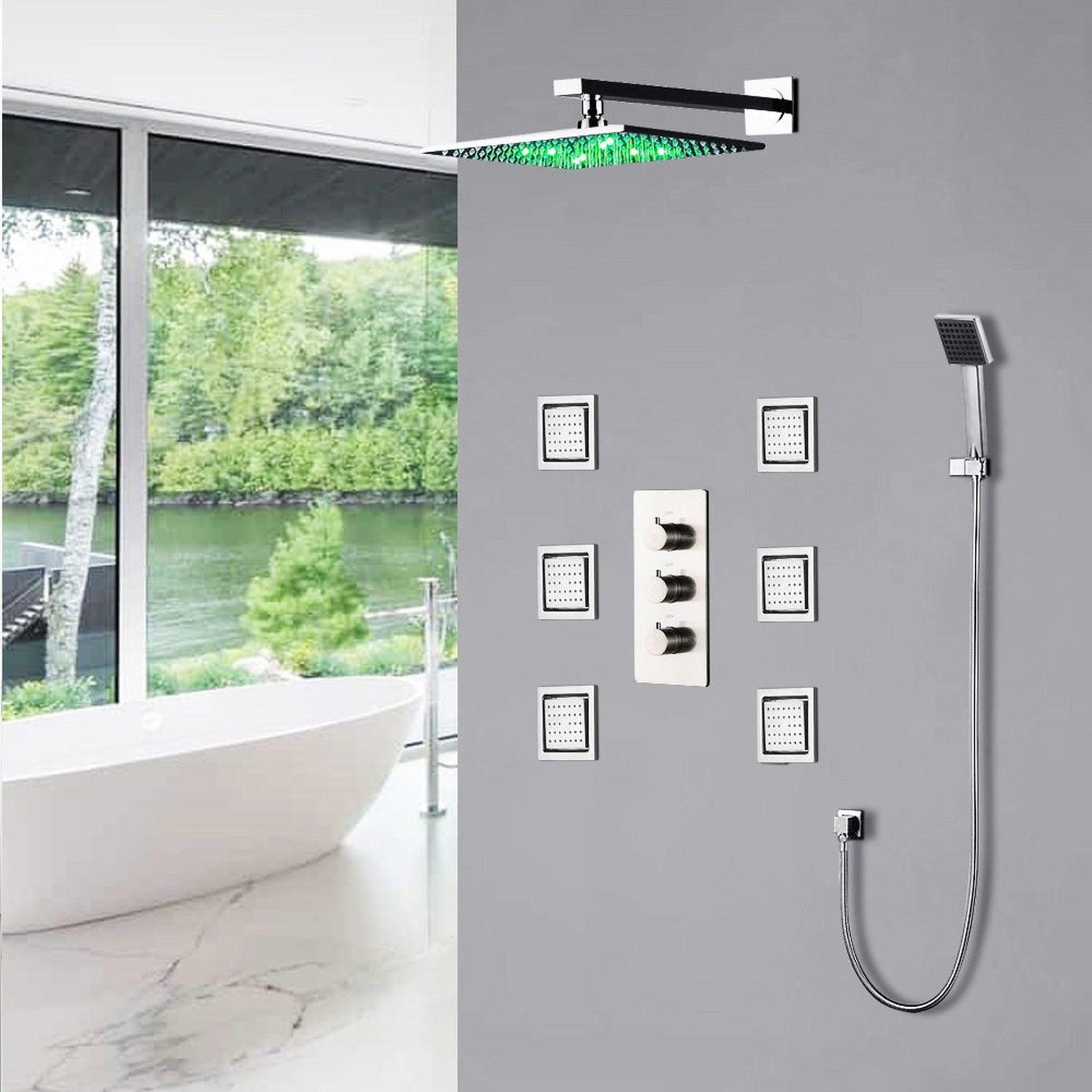 FontanaShowers Milan Creative Luxury 12" Chrome Square Wall-Mounted LED Rainfall Shower System With 6-Jet Stainless Steel Massage Sprays and Hand Shower