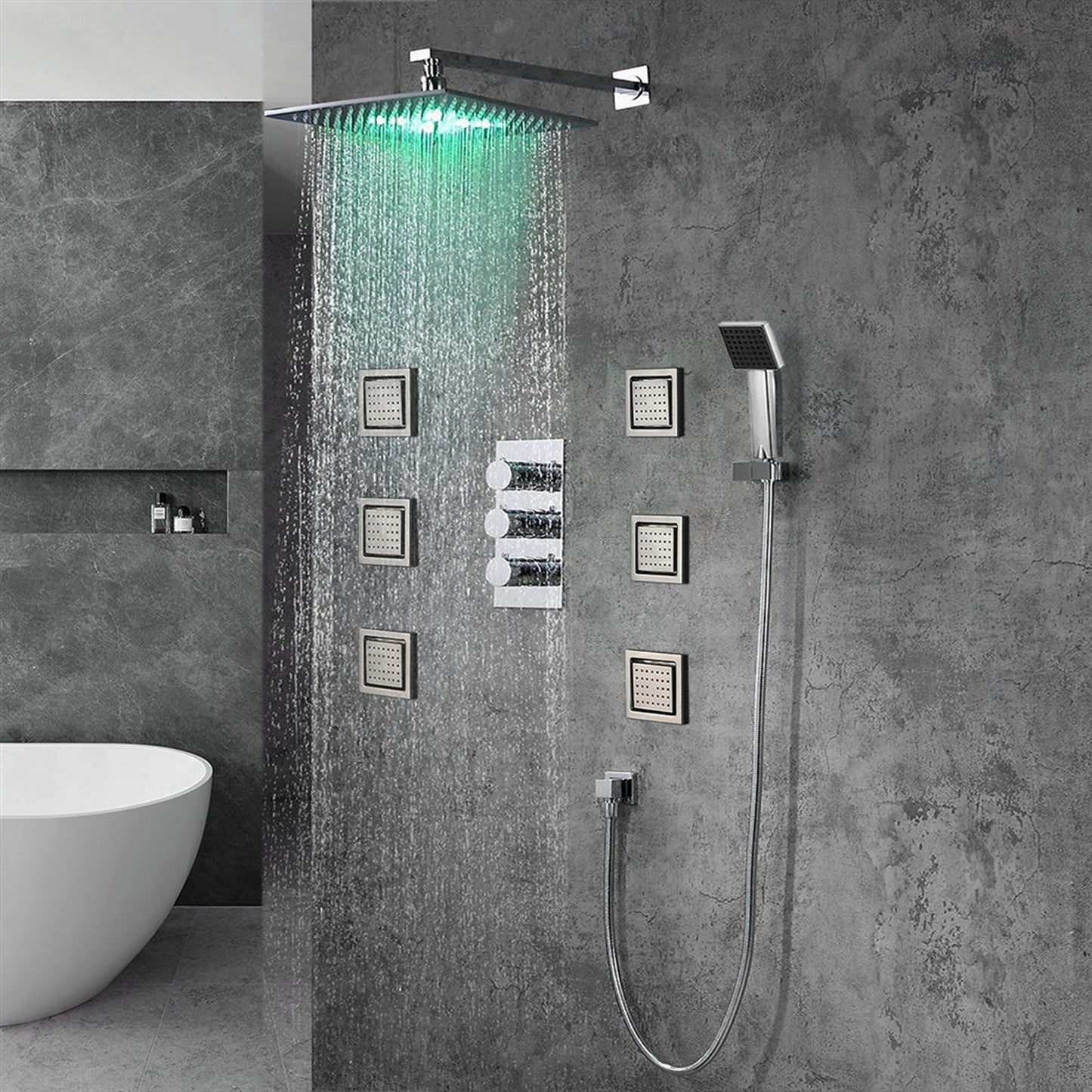 FontanaShowers Milan Creative Luxury 12" Chrome Square Wall-Mounted LED Rainfall Shower System With 6-Jet Stainless Steel Massage Sprays and Hand Shower