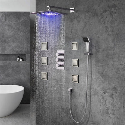 FontanaShowers Milan Creative Luxury 12" Chrome Square Wall-Mounted LED Rainfall Shower System With 6-Jet Stainless Steel Massage Sprays and Hand Shower