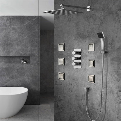 FontanaShowers Milan Creative Luxury 12" Chrome Square Wall-Mounted LED Rainfall Shower System With 6-Jet Stainless Steel Massage Sprays and Hand Shower