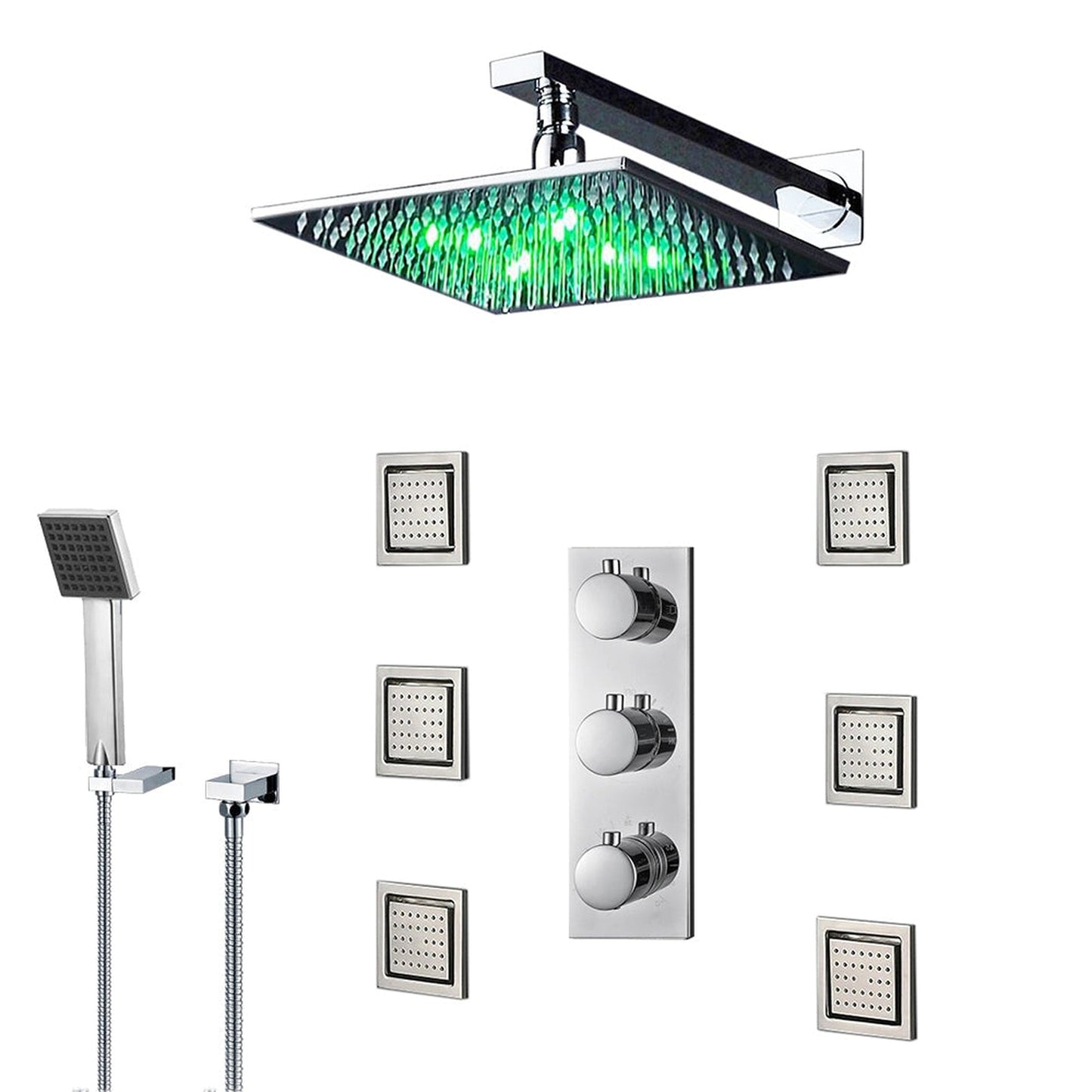 FontanaShowers Milan Creative Luxury 12" Chrome Square Wall-Mounted LED Rainfall Shower System With 6-Jet Stainless Steel Massage Sprays and Hand Shower