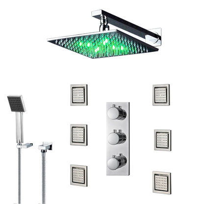 FontanaShowers Milan Creative Luxury 12" Chrome Square Wall-Mounted LED Rainfall Shower System With 6-Jet Stainless Steel Massage Sprays and Hand Shower