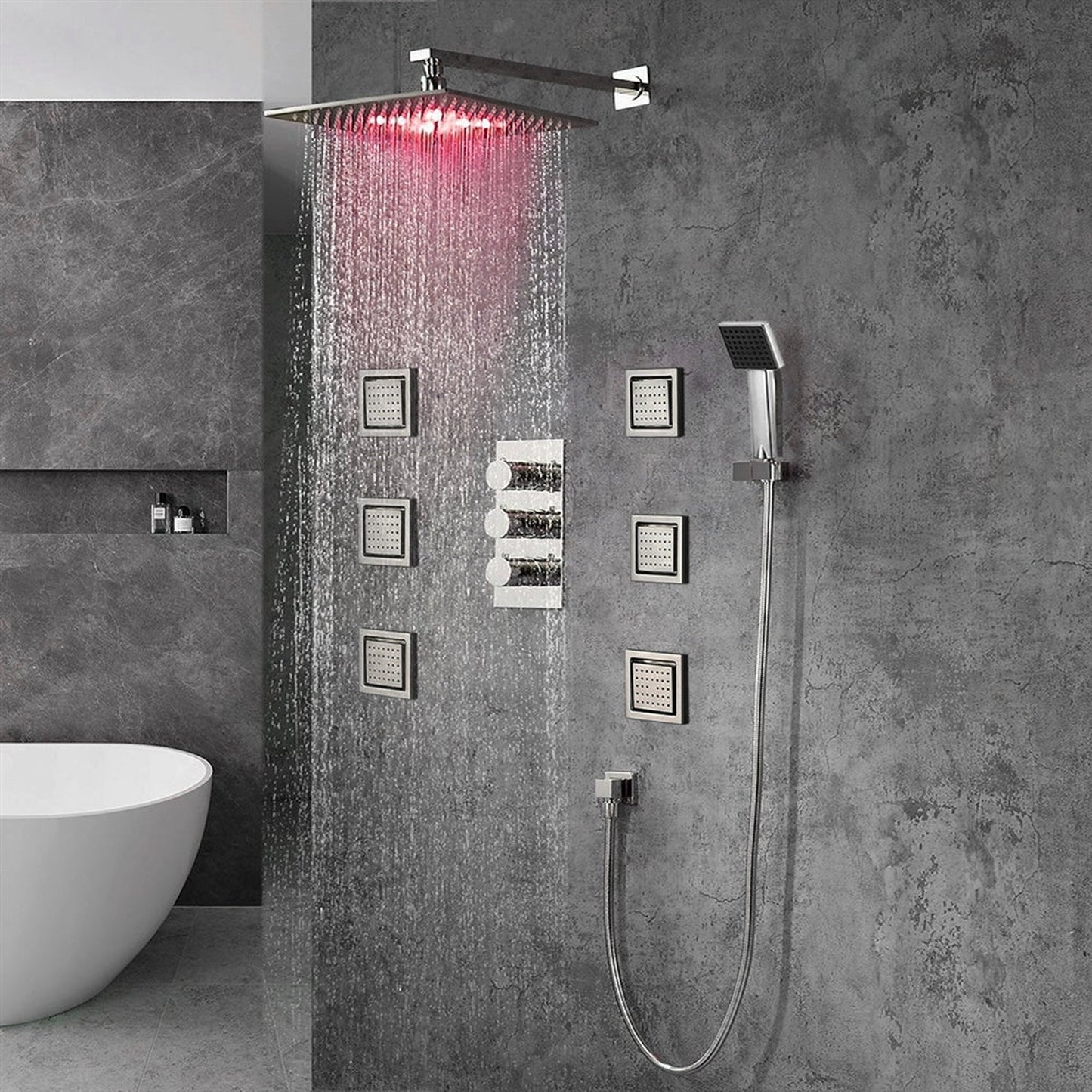 FontanaShowers Milan Creative Luxury 16" Chrome Square Wall-Mounted LED Rainfall Shower System With 6-Jet Stainless Steel Massage Sprays and Hand Shower