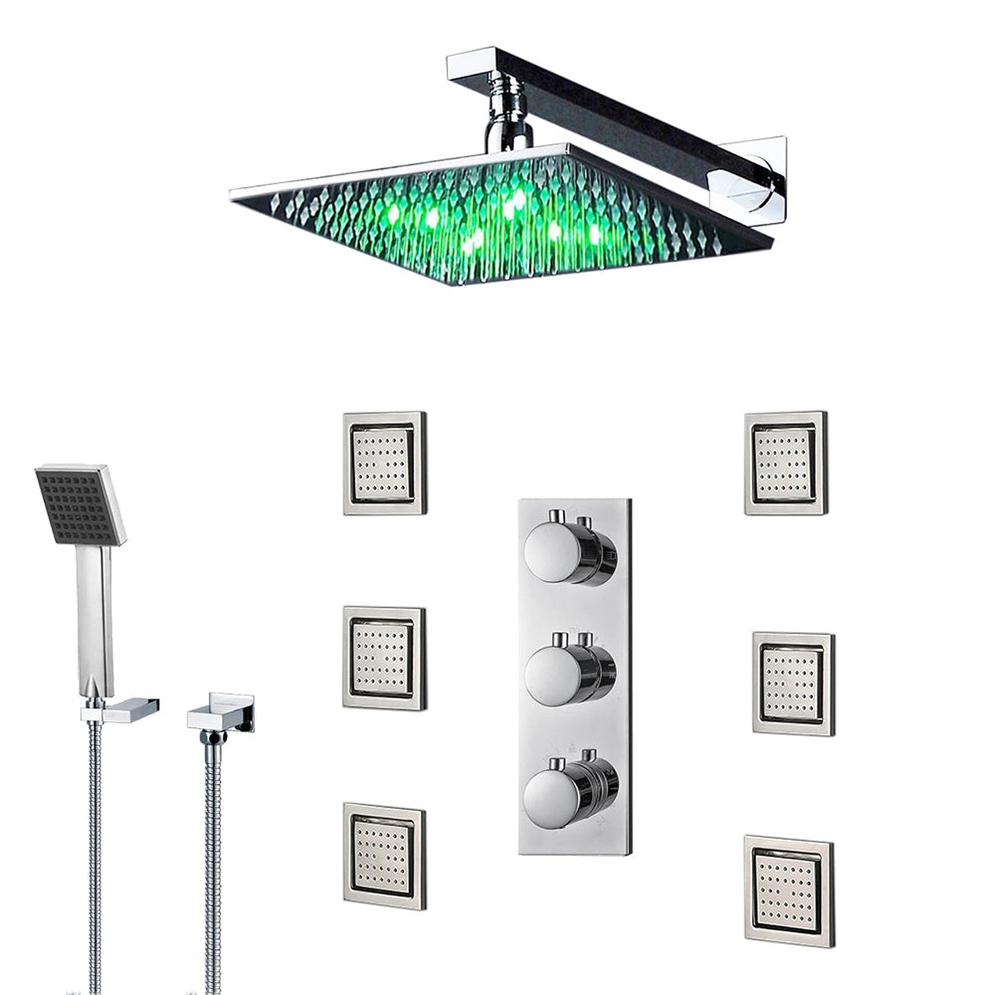 FontanaShowers Milan Creative Luxury 20" Chrome Square Wall-Mounted LED Rainfall Shower System With 6-Jet Stainless Steel Massage Sprays and Hand Shower