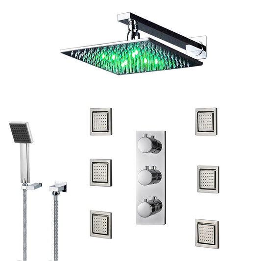 FontanaShowers Milan Creative Luxury 8" Chrome Square Wall-Mounted LED Rainfall Shower System With 6-Jet Stainless Steel Massage Sprays and Hand Shower