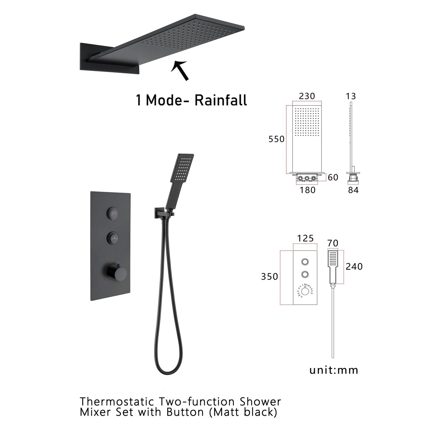 FontanaShowers Milan Creative Luxury Matte Black Wall-Mounted Thermostatic Rainfall Shower System With Hand Shower