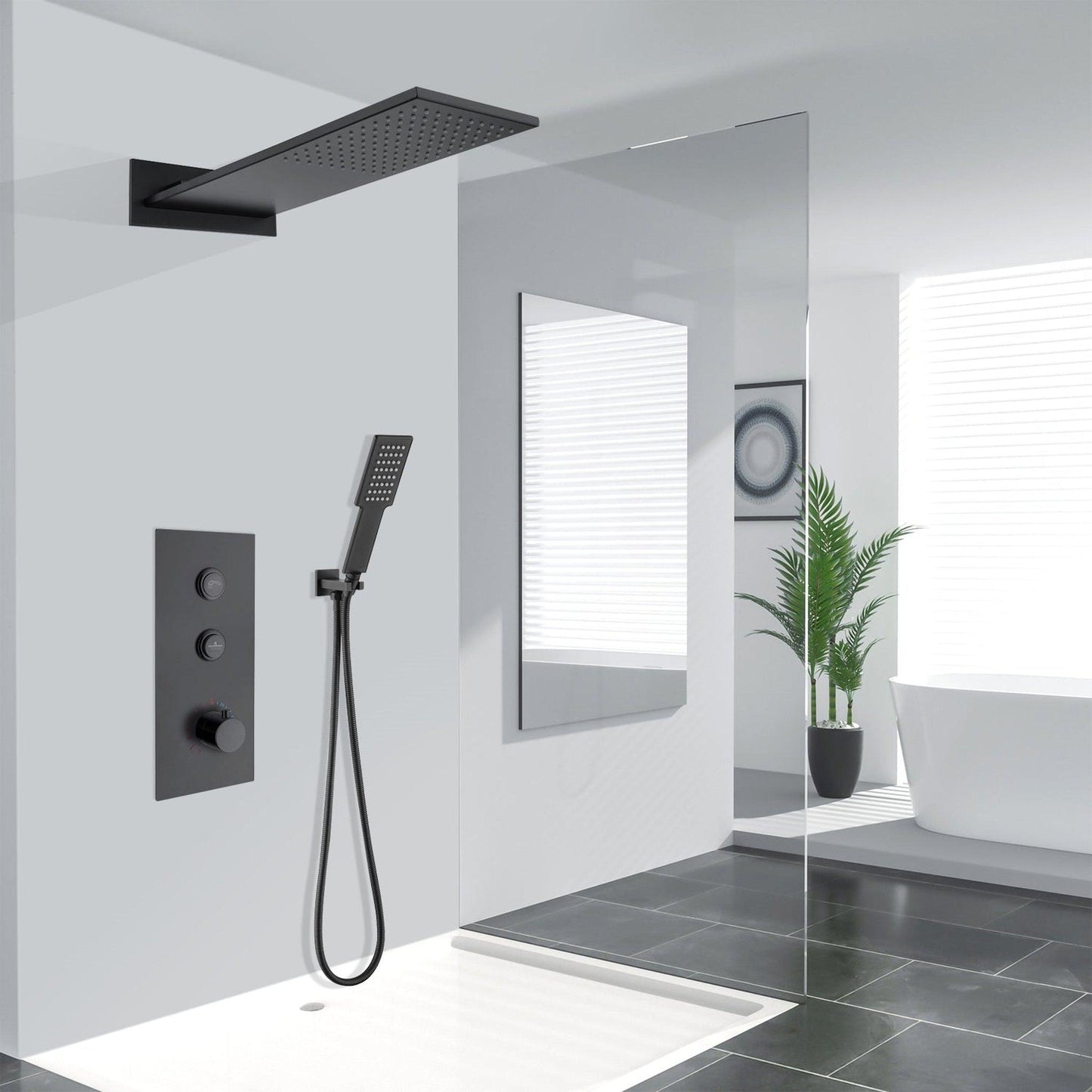 FontanaShowers Milan Creative Luxury Matte Black Wall-Mounted Thermostatic Rainfall Shower System With Hand Shower