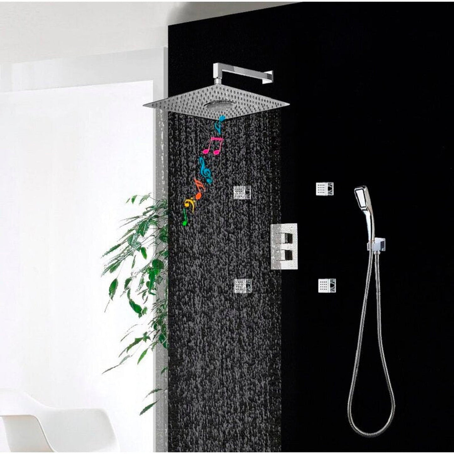 FontanaShowers Rauma Creative Luxury Chrome Wall-Mounted Bluetooth 3 Functions Thermostatic Mixer Shower System With FM Radio, 4-Jet Body Sprays and Hand Shower
