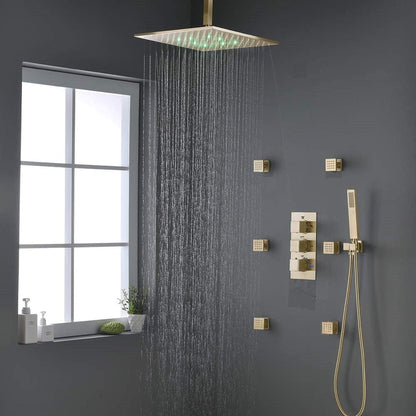 FontanaShowers Verona Creative Luxury 10" Brushed Gold Square Ceiling Mounted Thermostatic Button Mixer Rainfall Shower System With 6-Jet Body Sprays and Hand Shower