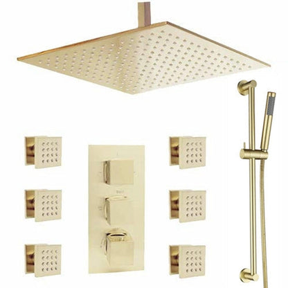 FontanaShowers Verona Creative Luxury 10" Brushed Gold Square Ceiling Mounted Thermostatic Button Mixer Rainfall Shower System With 6-Jet Body Sprays and Hand Shower