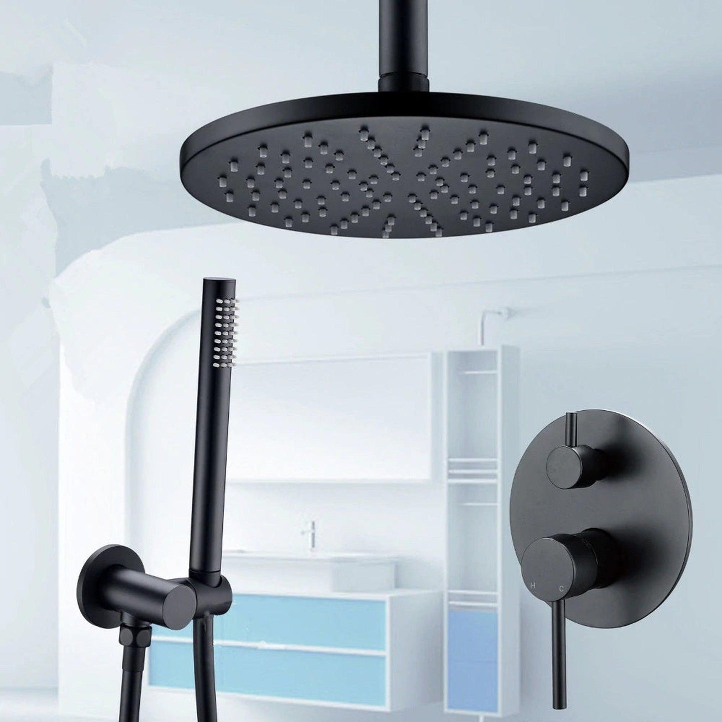 FontanaShowers Verona Creative Luxury 10" Dark Oil Rubbed Bronze Round Ceiling Mounted Shower Head Hot and Cold Mixer Rainfall Shower System With Hand Shower