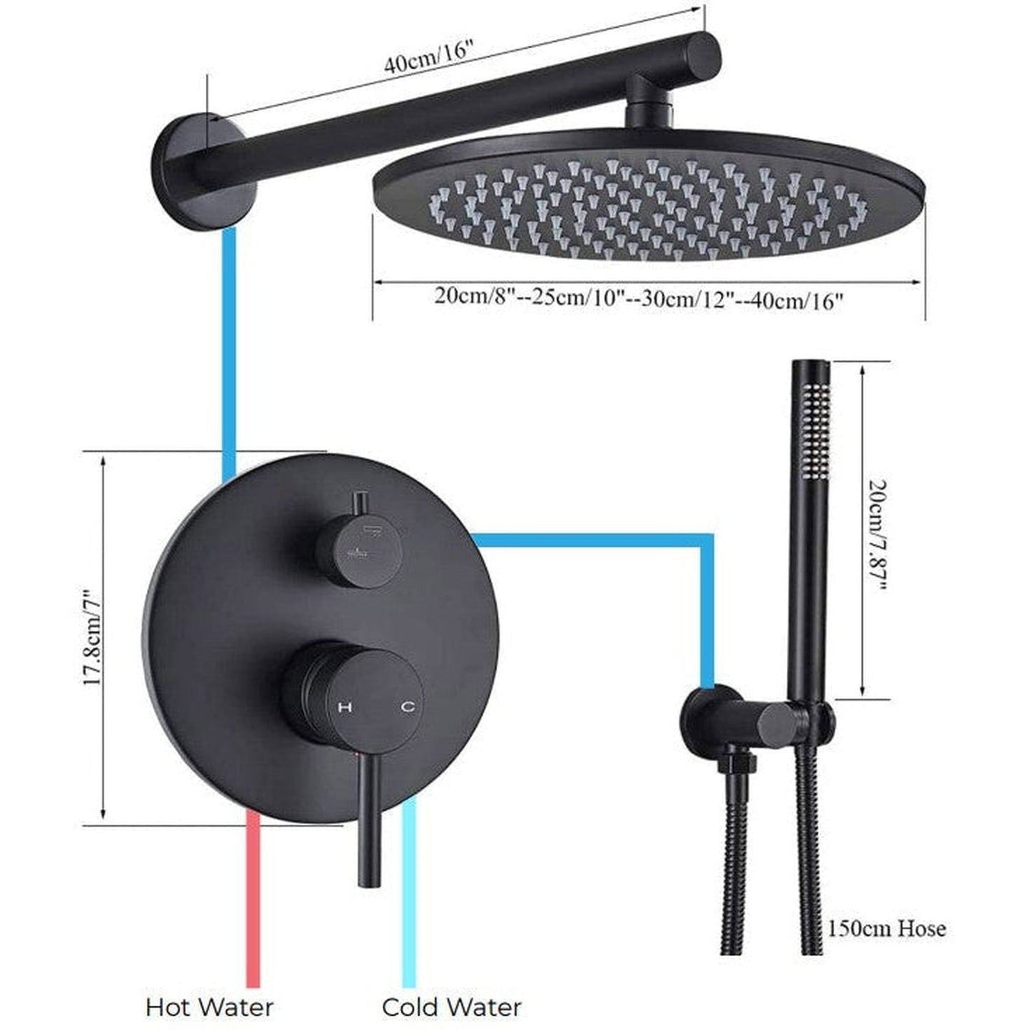 FontanaShowers Verona Creative Luxury 10" Dark Oil Rubbed Bronze Round Wall-Mounted Shower Head Hot and Cold Mixer Rainfall Shower System With Hand Shower