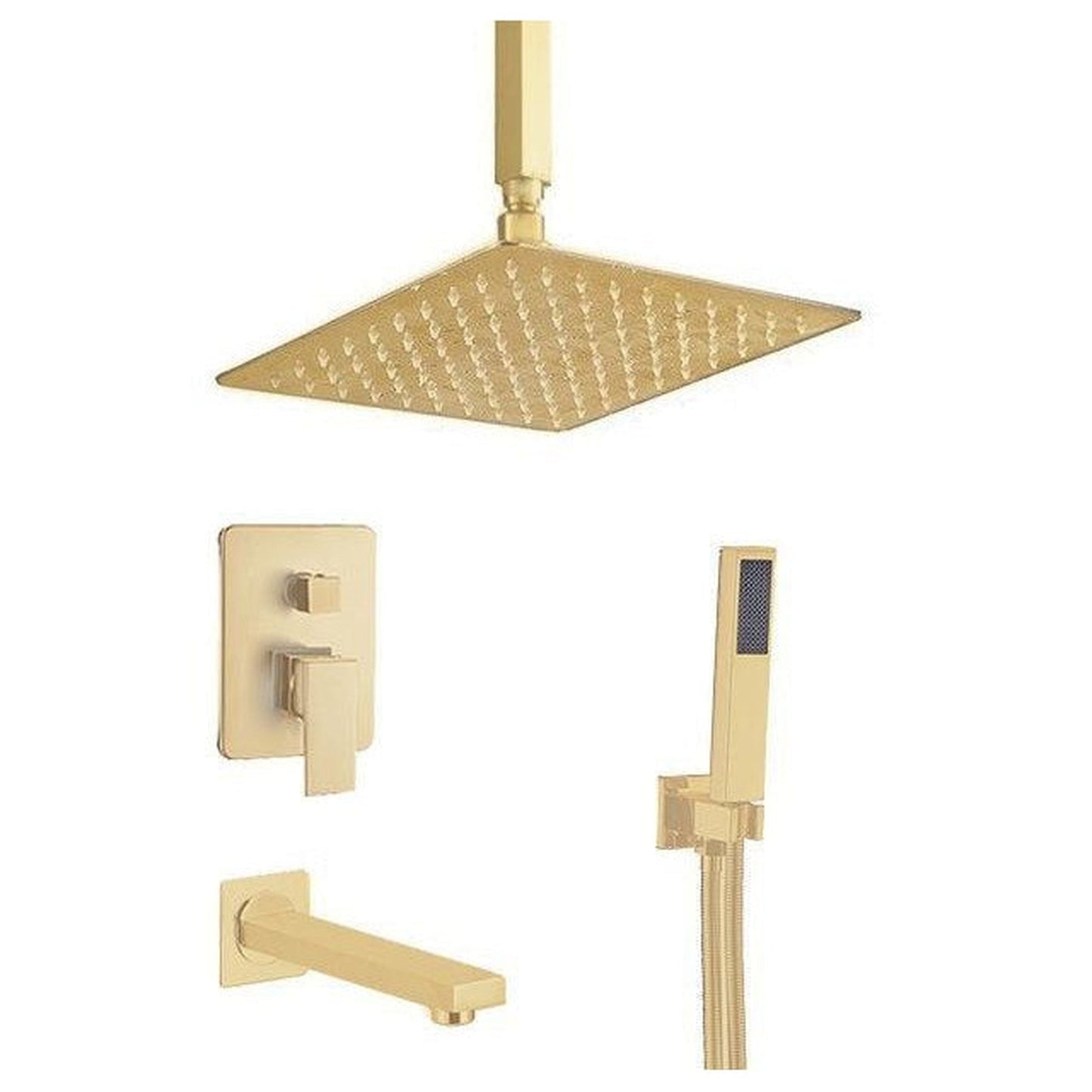 FontanaShowers Verona Creative Luxury 10" Gold Square Ceiling Mounted 3-Way Single Handle Mixer Shower System With Hand Shower and Tub Spout