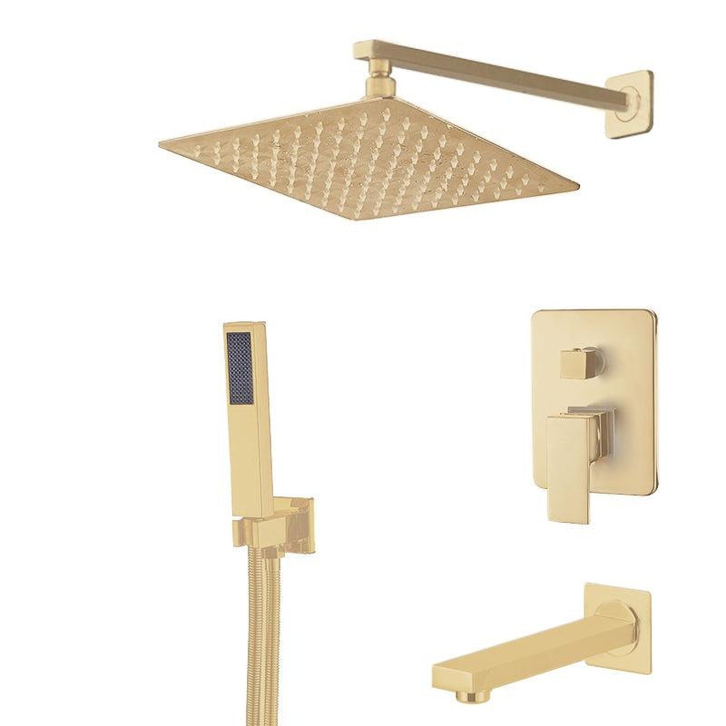 FontanaShowers Verona Creative Luxury 10" Gold Square Wall-Mounted 3-Way Single Handle Mixer Shower System With Hand Shower and Tub Spout