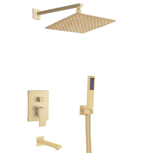 FontanaShowers Verona Creative Luxury 10" Gold Square Wall-Mounted 3-Way Single Handle Mixer Shower System With Hand Shower and Tub Spout