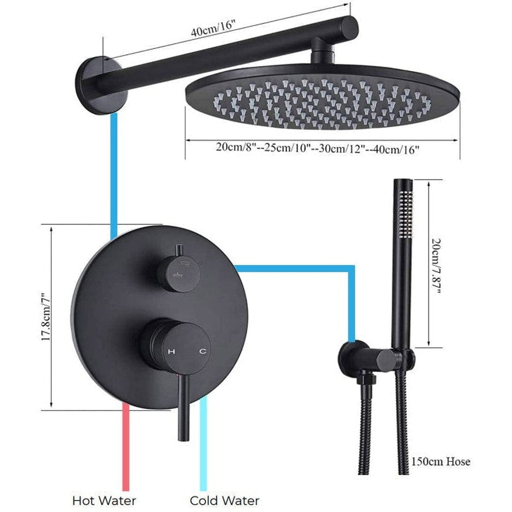 FontanaShowers Verona Creative Luxury 12" Dark Oil Rubbed Bronze Round Wall-Mounted Shower Head Hot and Cold Mixer Rainfall Shower System With Hand Shower