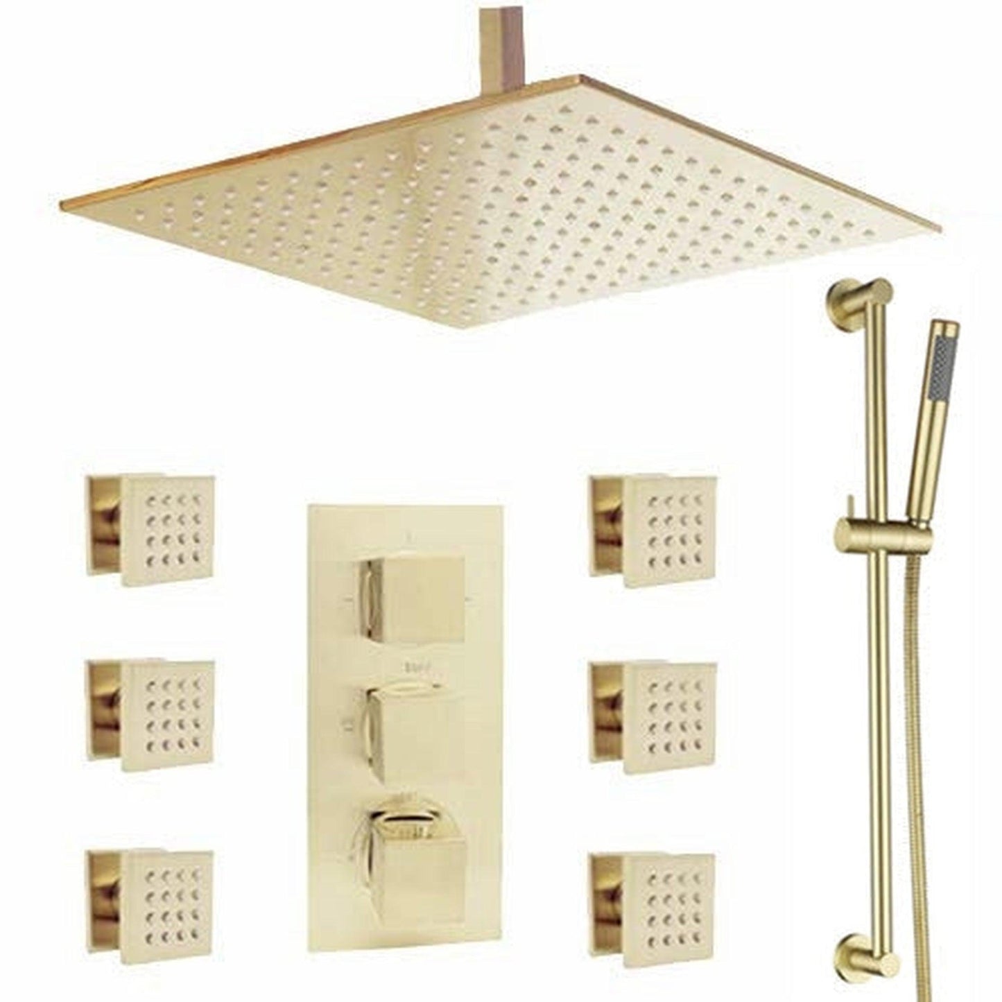 FontanaShowers Verona Creative Luxury 16" Brushed Gold Square Ceiling Mounted Thermostatic Button Mixer Rainfall Shower System With 6-Jet Body Sprays and Hand Shower
