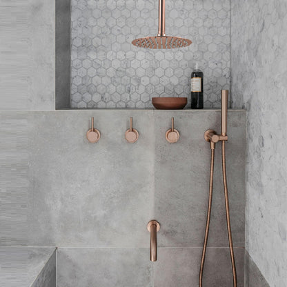 FontanaShowers Verona Creative Luxury 8" Rose Gold Round Ceiling Mounted Solid Brass Shower Head Rainfall Shower System With Triple Mixer, Hand Shower and Tub Spout