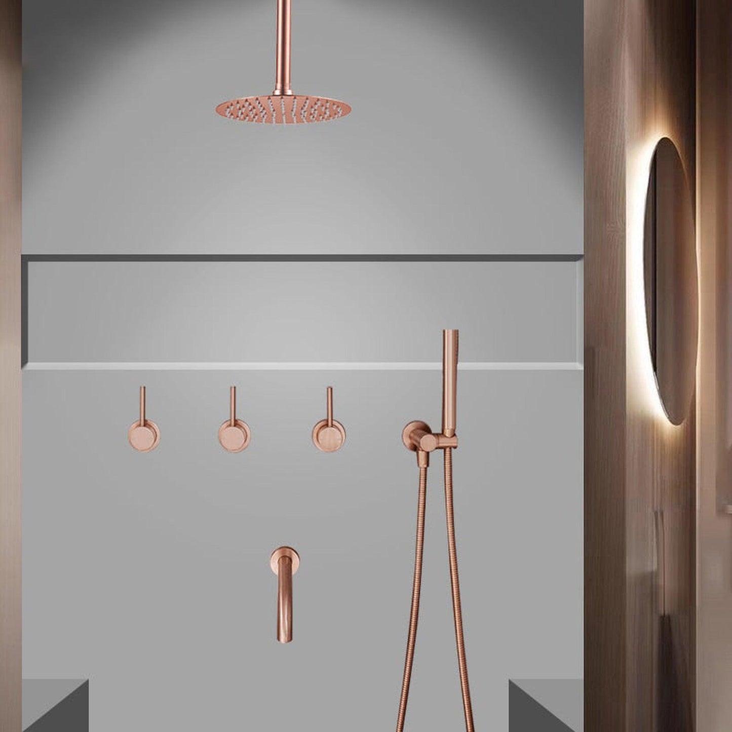 FontanaShowers Verona Creative Luxury 8" Rose Gold Round Ceiling Mounted Solid Brass Shower Head Rainfall Shower System With Triple Mixer, Hand Shower and Tub Spout